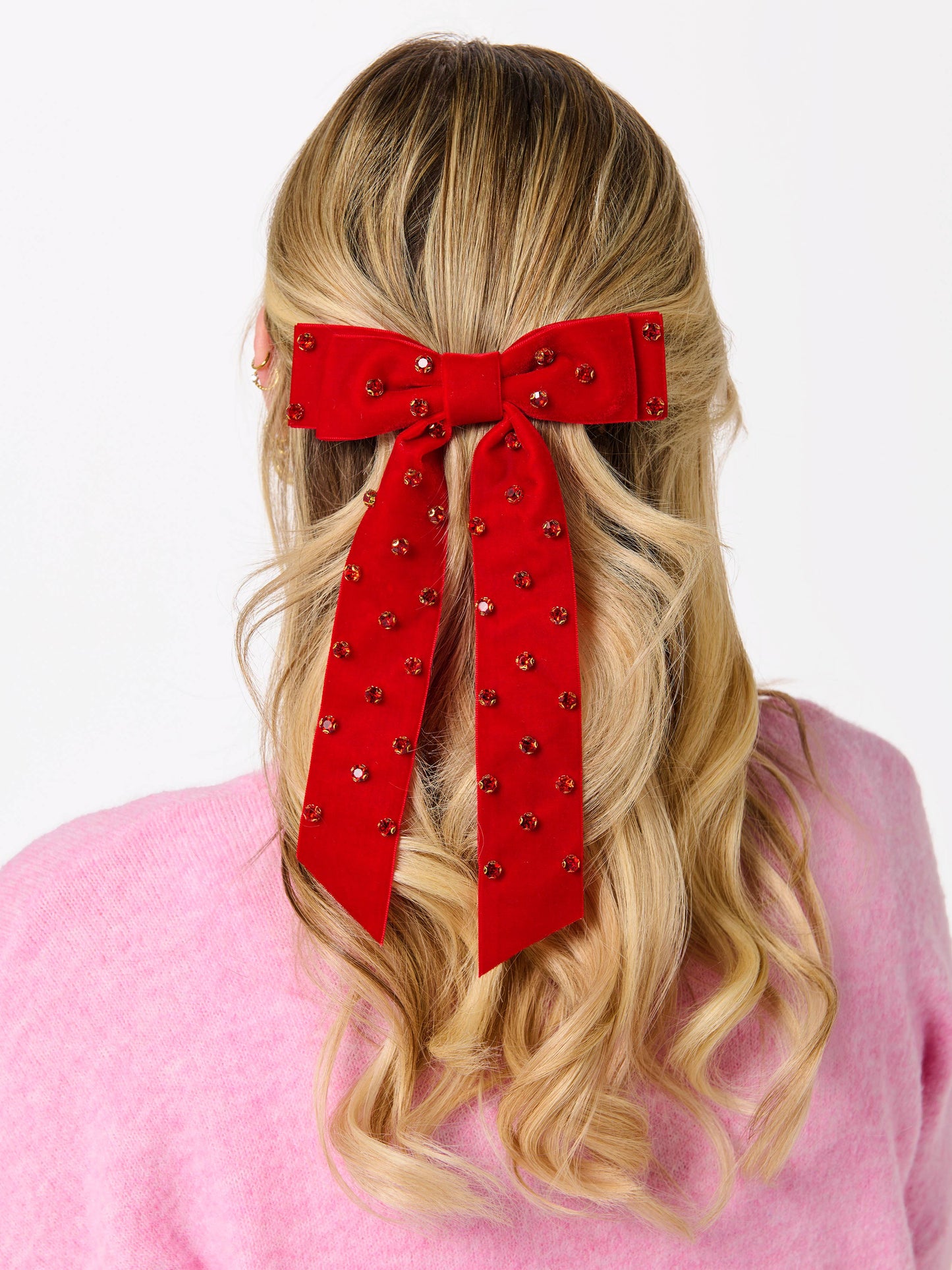 VELVET AND RHINESTONES BOW CLIP - RED