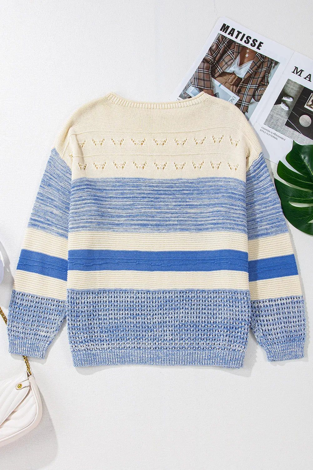 Color Block Boat Neck Long Sleeve Sweater