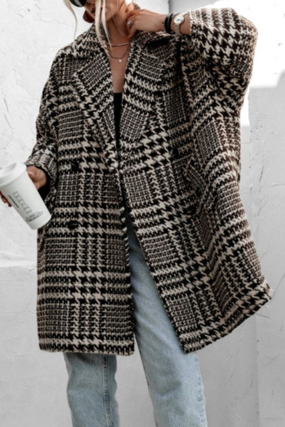 Houndstooth Collared Neck Long Sleeve Coat