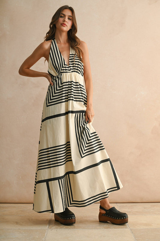 GEO PRINT HALTER NECK DRESS