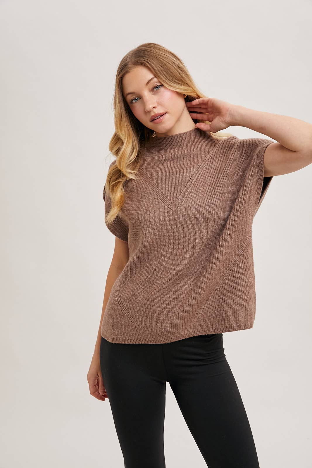 Mock Neck Short Sleeve Knit Sweater