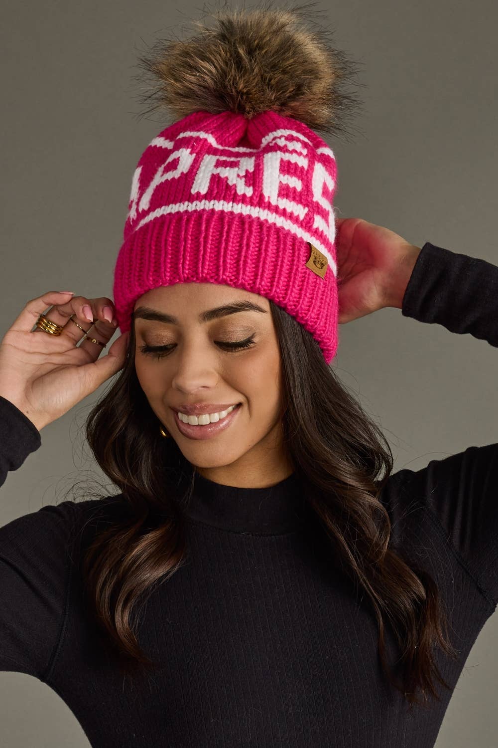 Pink & White Apres Pom Hat