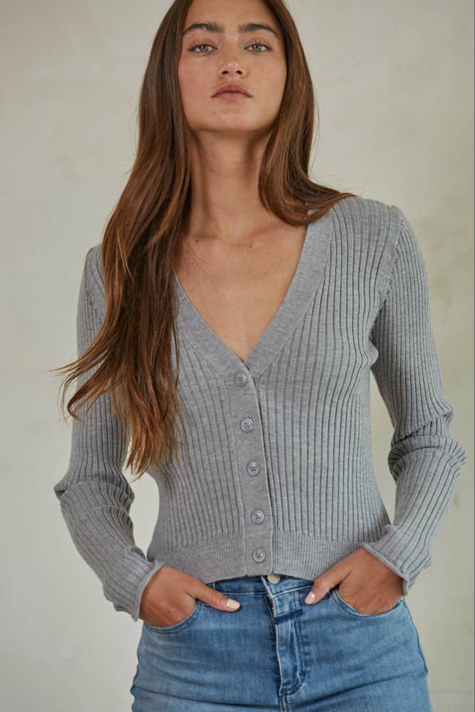 W1675 | Knit Sweater Ribbed V-Neck Button Down Cardigan