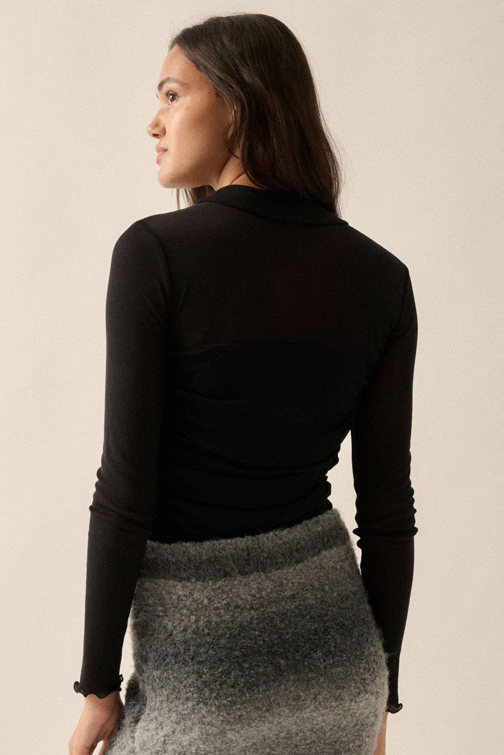 Solid Sheer Mesh High Neck Long Sleeve Bodysuit