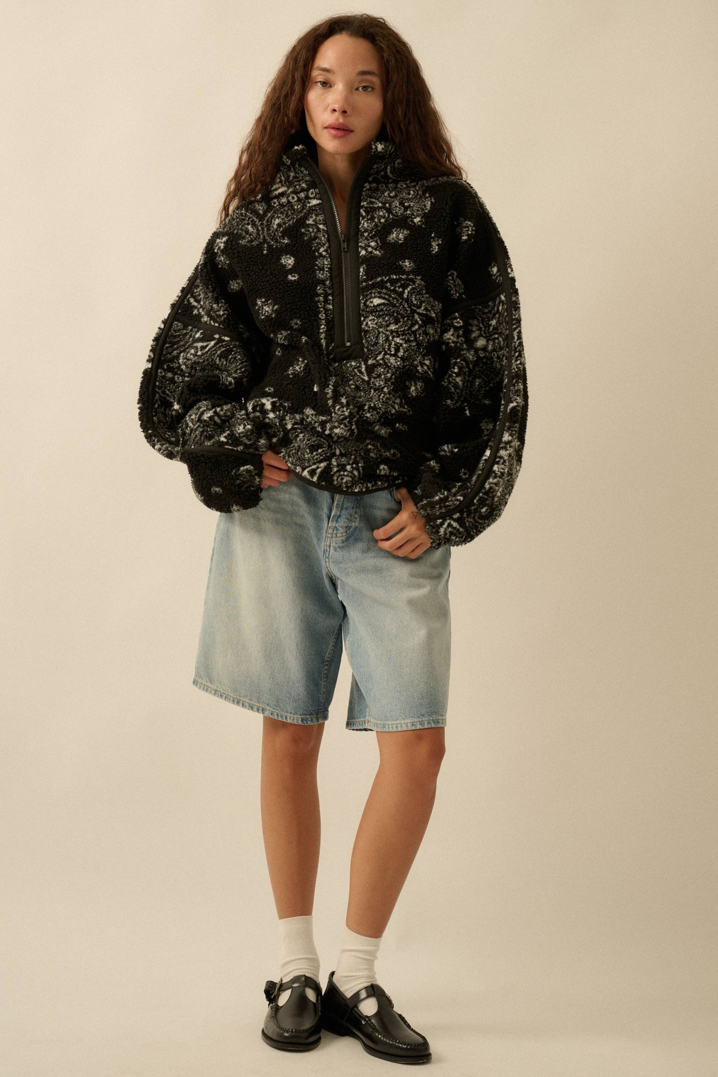 Floral Sherpa Fleece Half-Zip Pullover Jacket