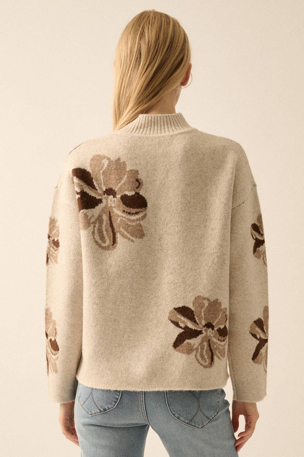 Floral-Pattern Knit Mock-Neck Sweater