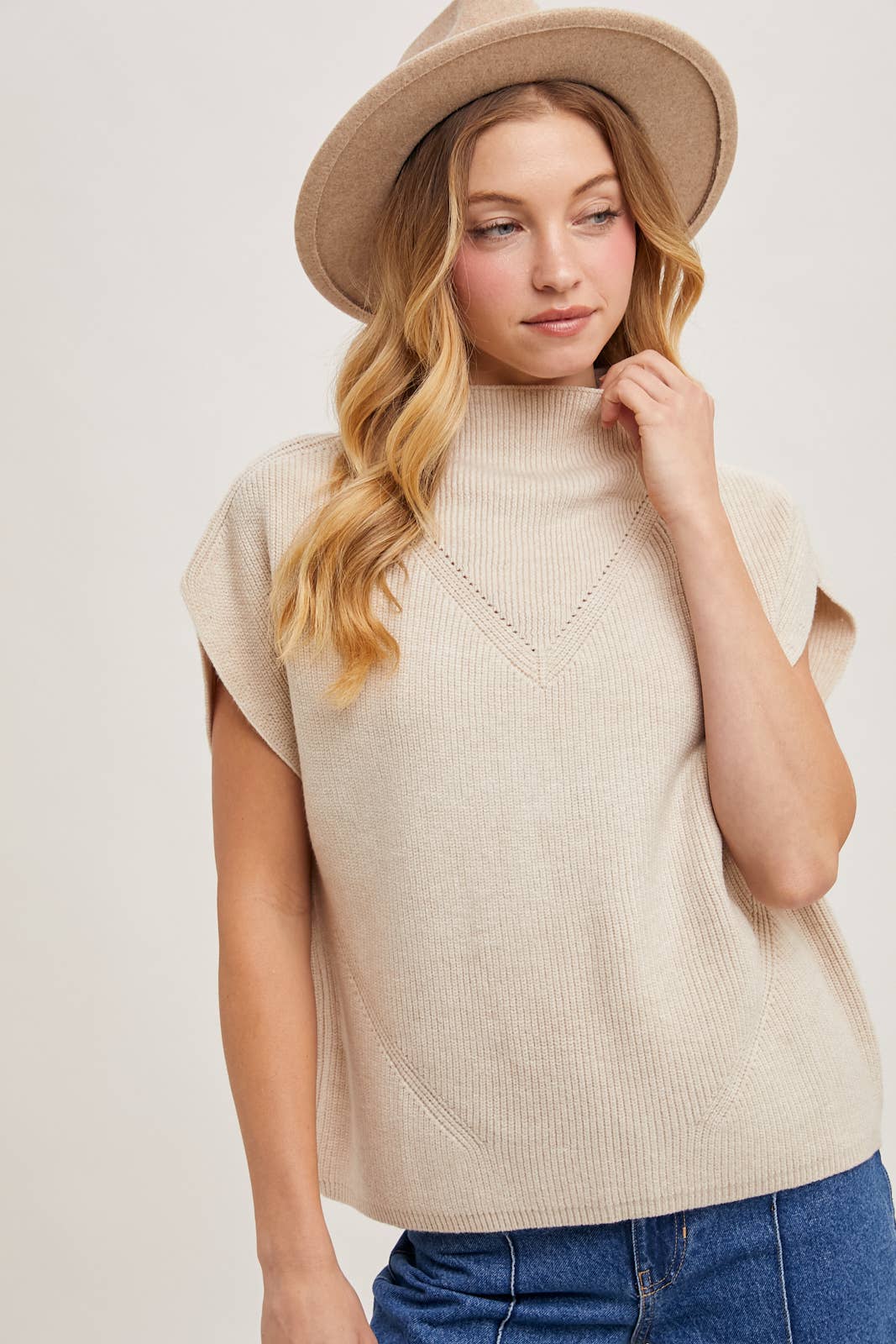 Mock Neck Short Sleeve Knit Sweater