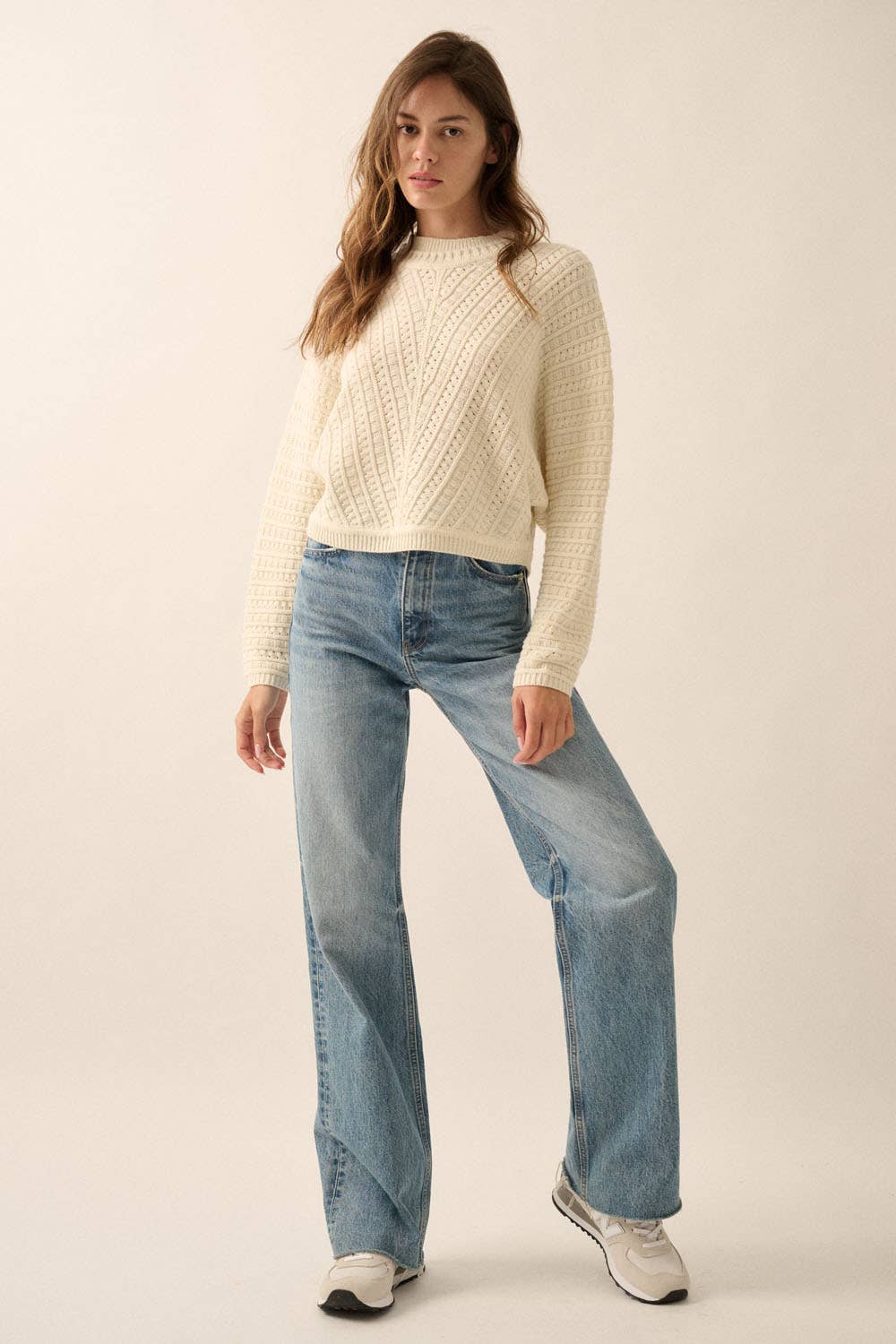 Solid Cable Knit Dolman-Sleeve Sweater