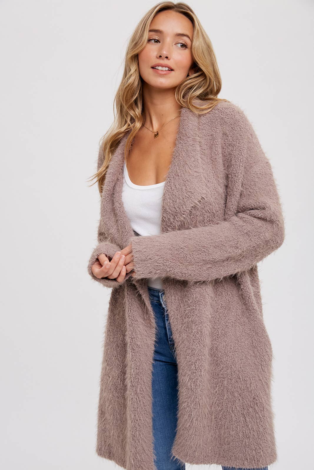 SOFT FUZZY DRAPE FRONT CARDIGAN