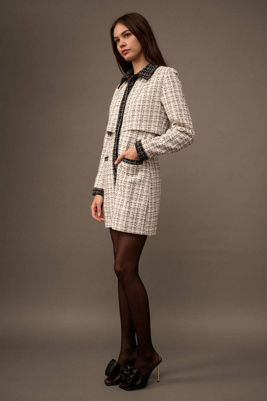 Tweed Multi Color Plaid Button Front Mini Dress