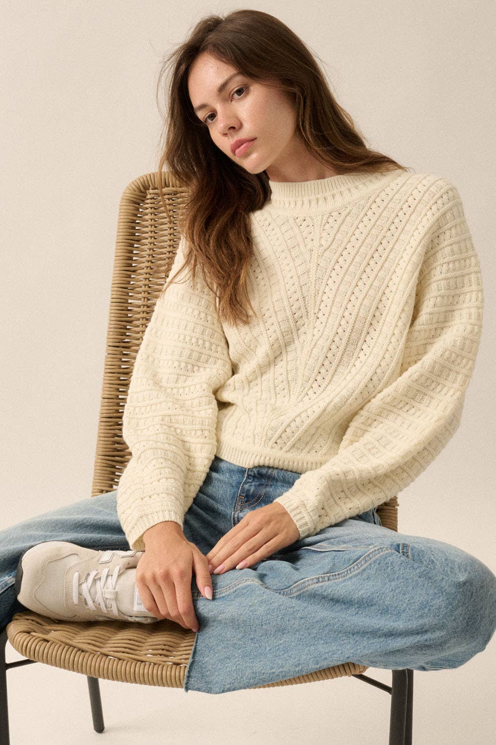 Solid Cable Knit Dolman-Sleeve Sweater