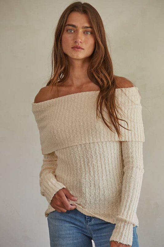 W1756 | Knit Sweater Off Shoulder Long Sleeve Top