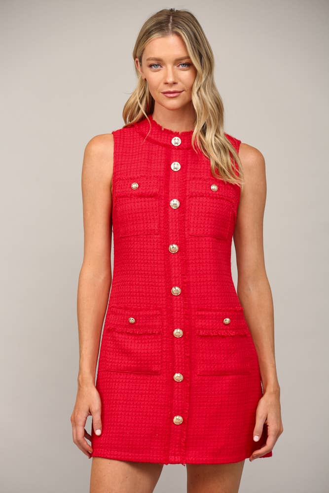FRONT PATCH POCKET TWEED DRESS