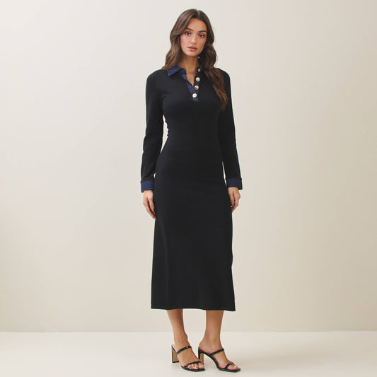 Denim trim knit dress