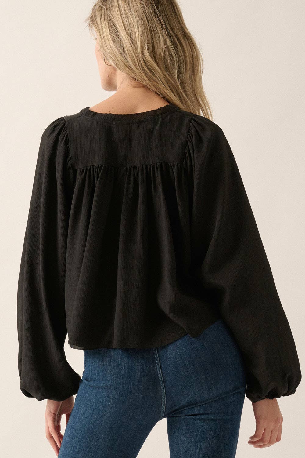 Solid Crepe V-Neck Pleated Yoke Peasant Top