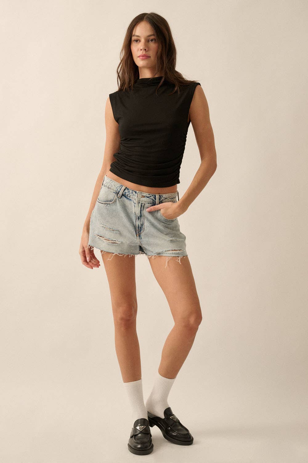 Essential Trends Ruched Sleeveless Mock-Neck Top