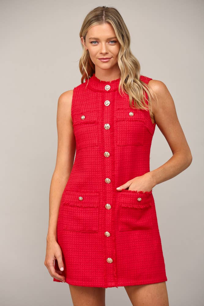 FRONT PATCH POCKET TWEED DRESS