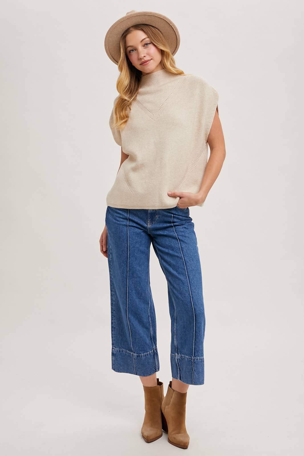 Mock Neck Short Sleeve Knit Sweater