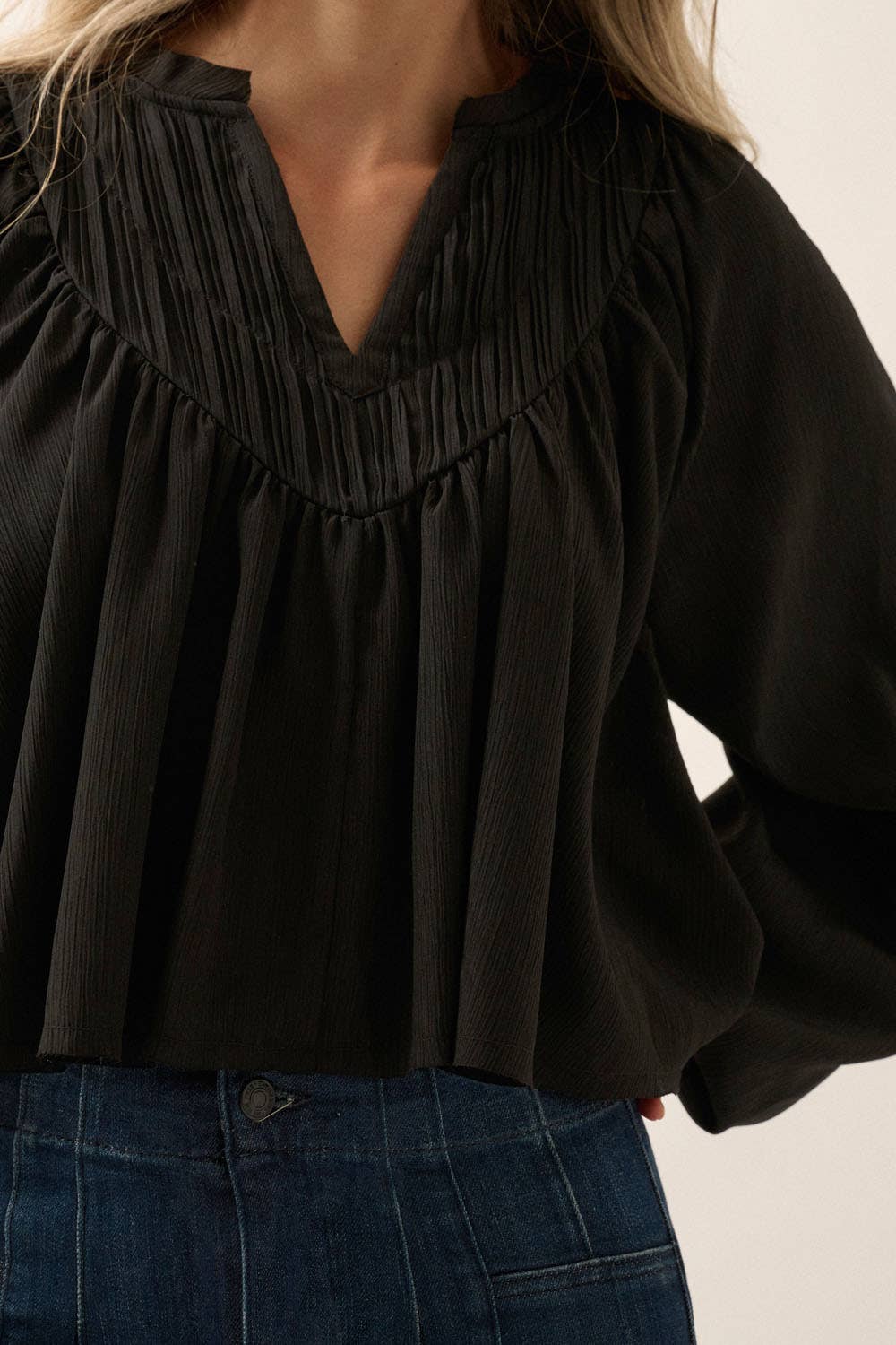 Solid Crepe V-Neck Pleated Yoke Peasant Top