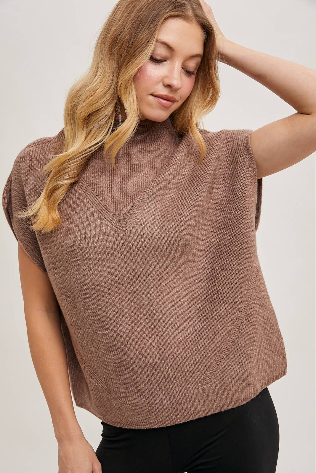 Mock Neck Short Sleeve Knit Sweater