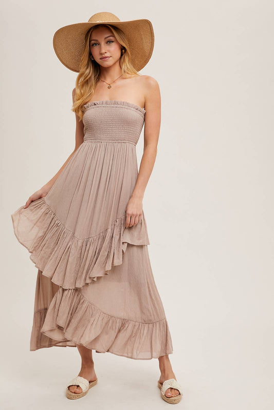 BOHO SMOCKED STRAPLESS TIERED RUFFLE MIDI DRESS