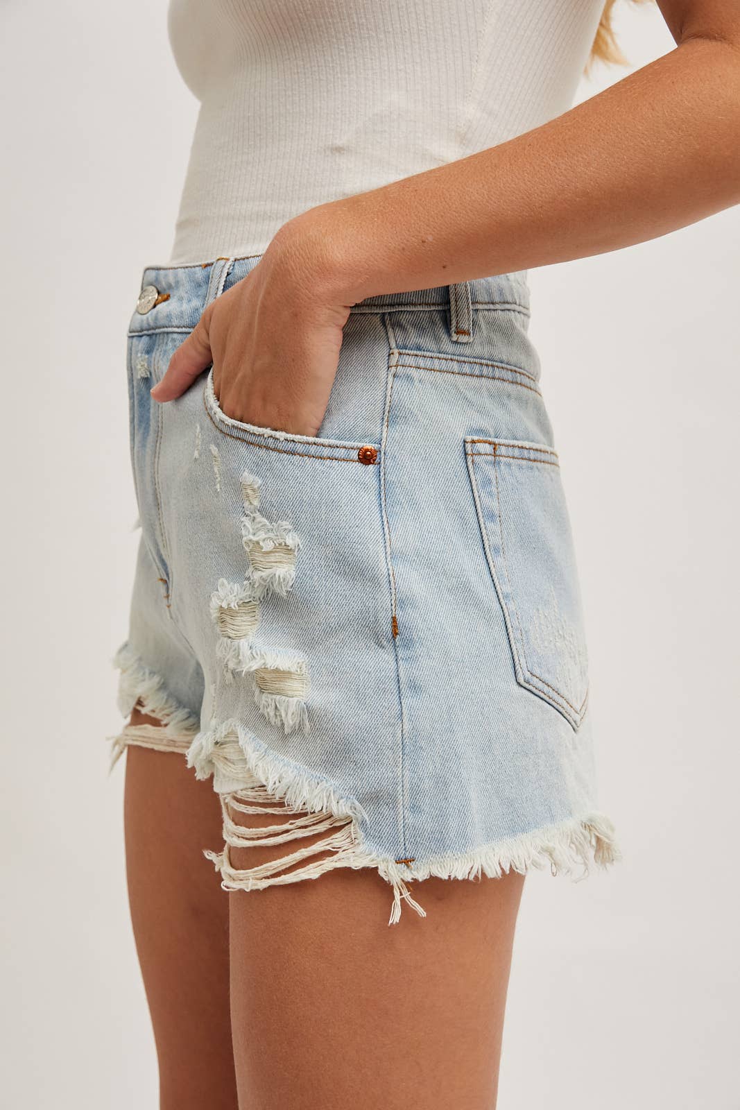 HIGH RISE DISTRESSED DENIM SHORTS