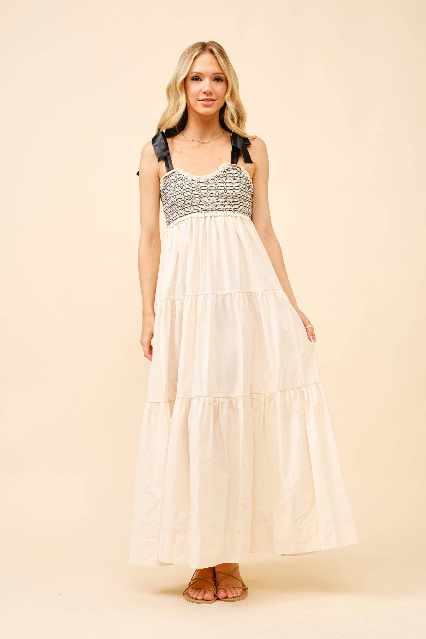 Smocked Ribbon Tie Maxi Dress