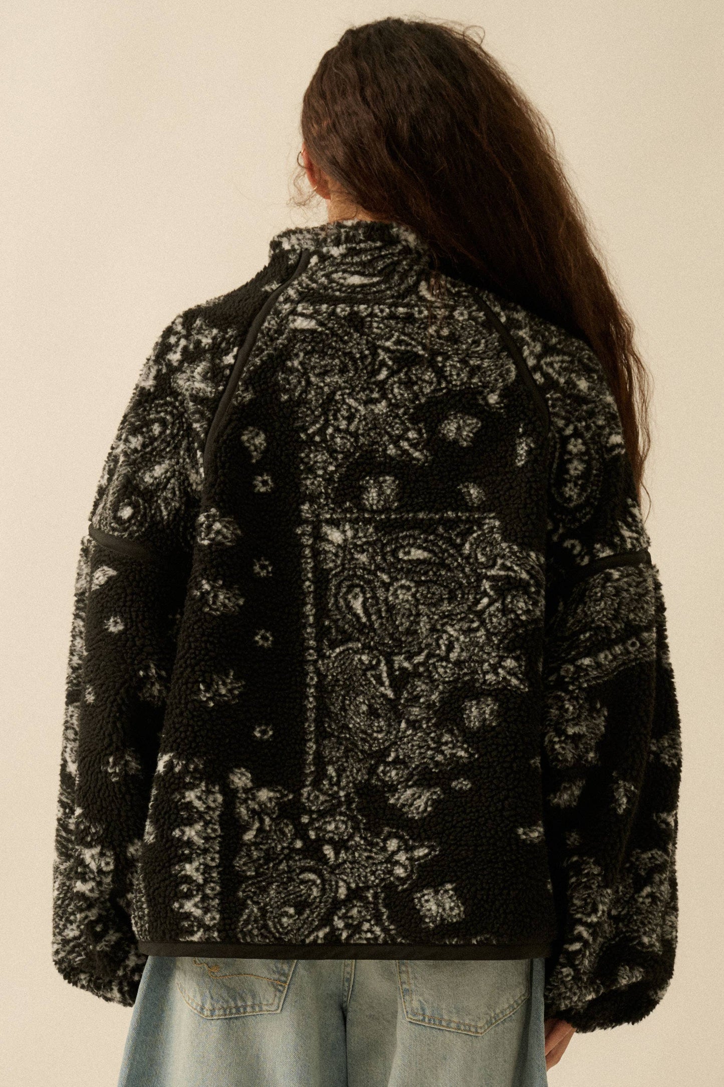 Floral Sherpa Fleece Half-Zip Pullover Jacket