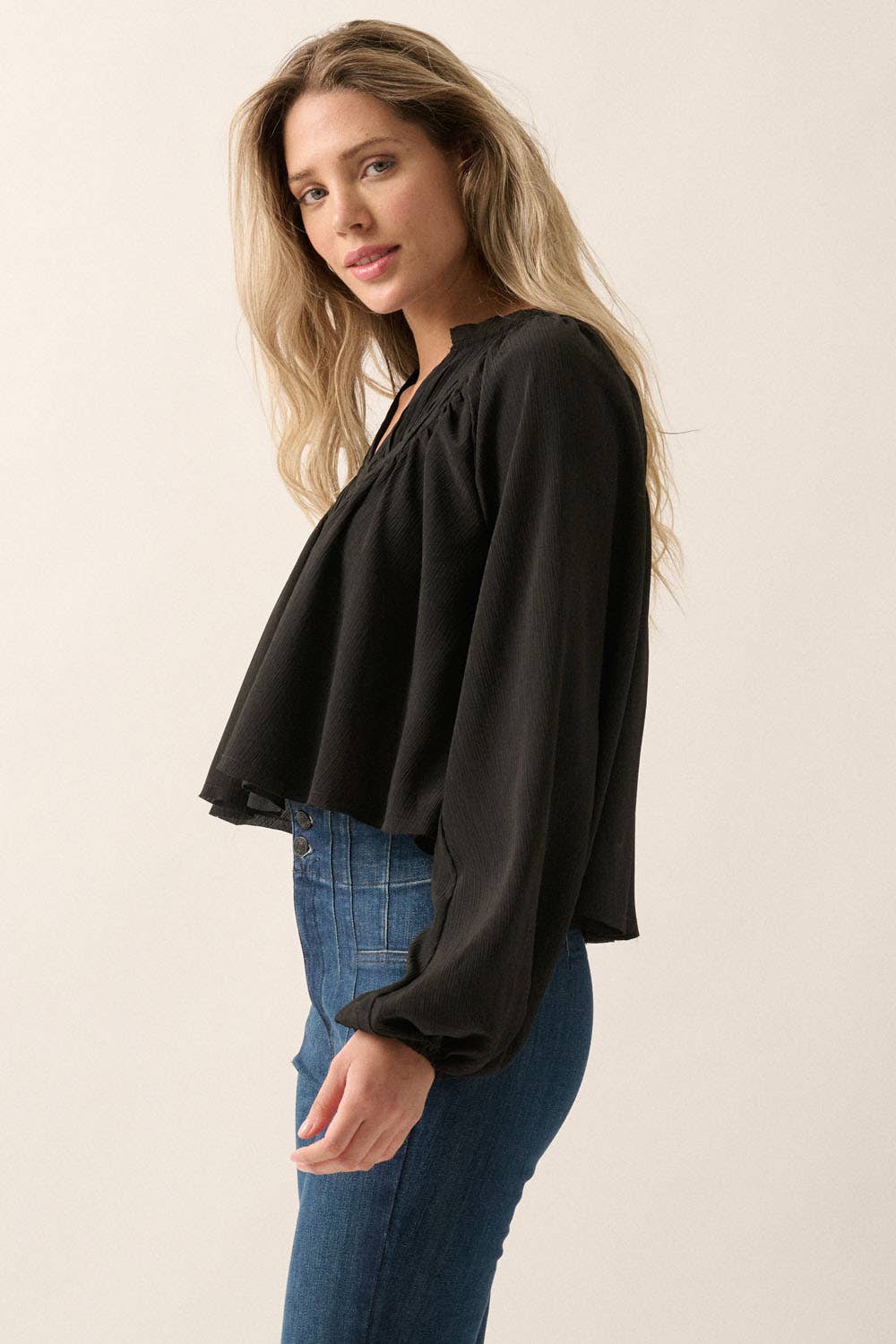 Solid Crepe V-Neck Pleated Yoke Peasant Top