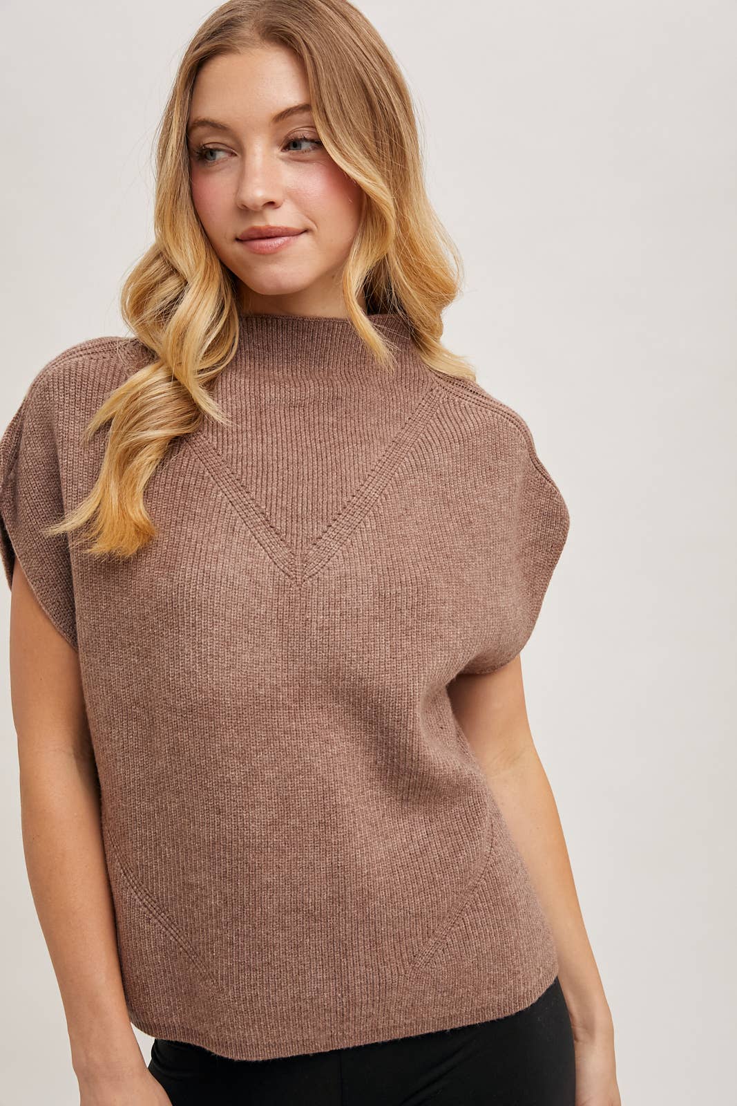 Mock Neck Short Sleeve Knit Sweater