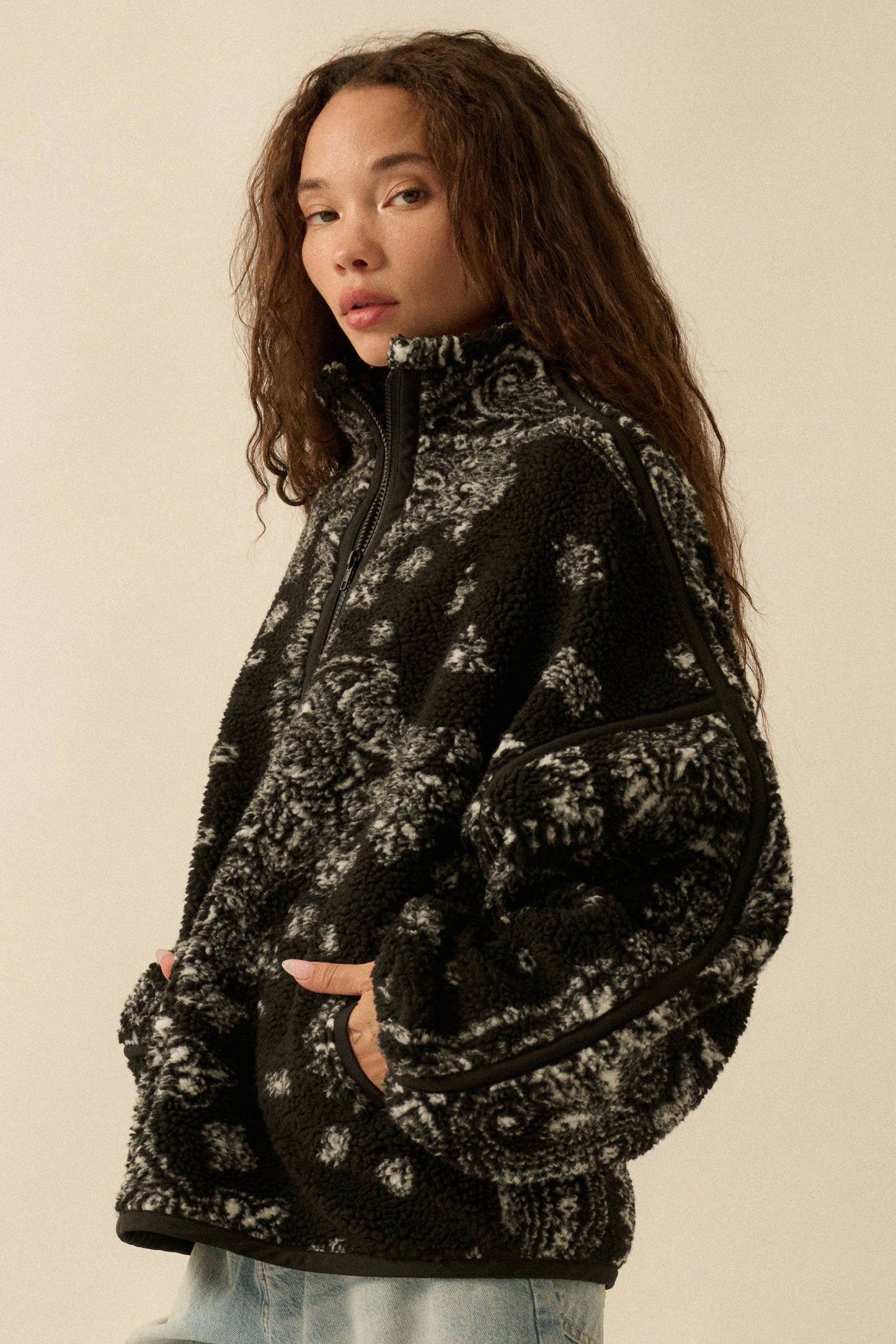 Floral Sherpa Fleece Half-Zip Pullover Jacket