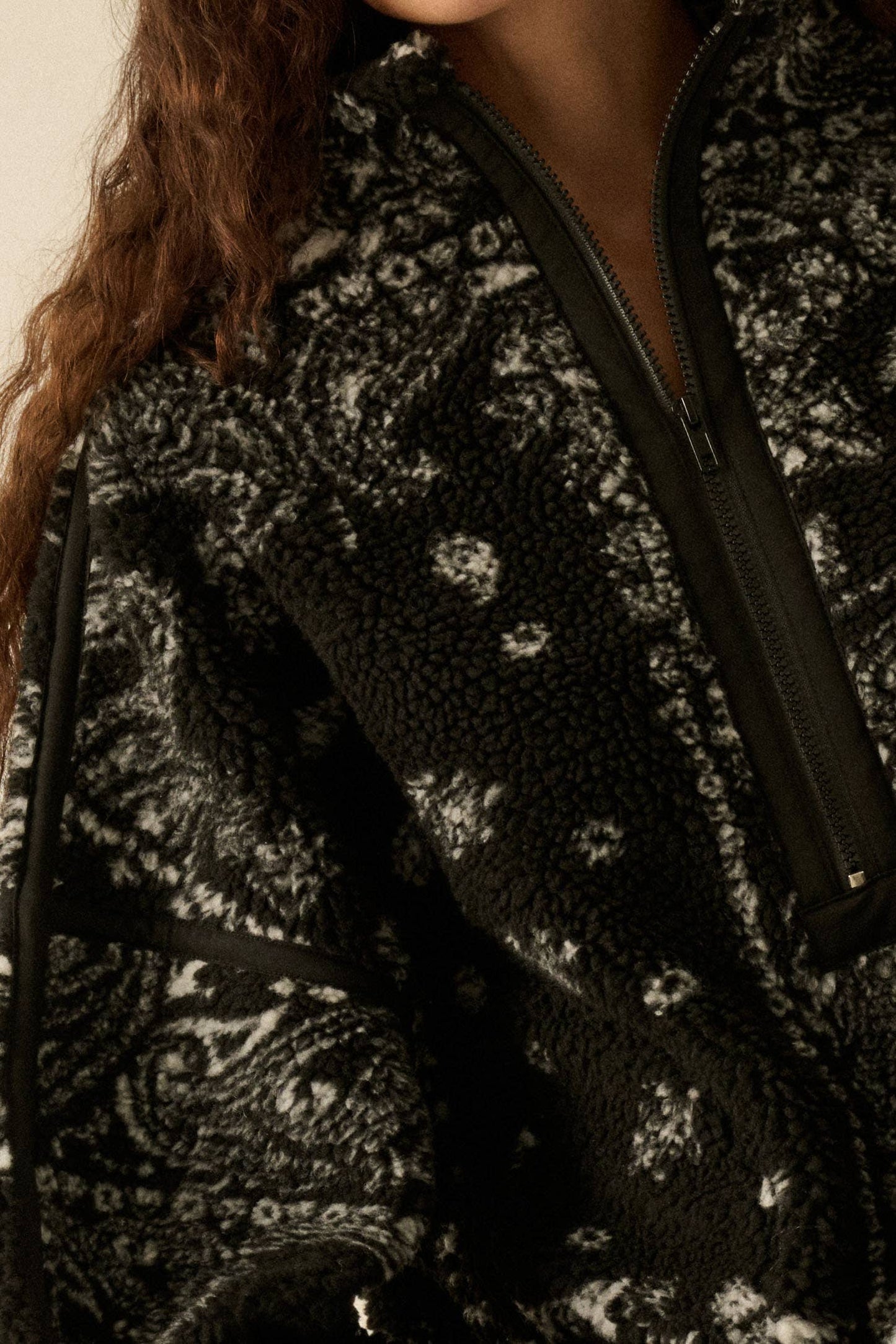 Floral Sherpa Fleece Half-Zip Pullover Jacket