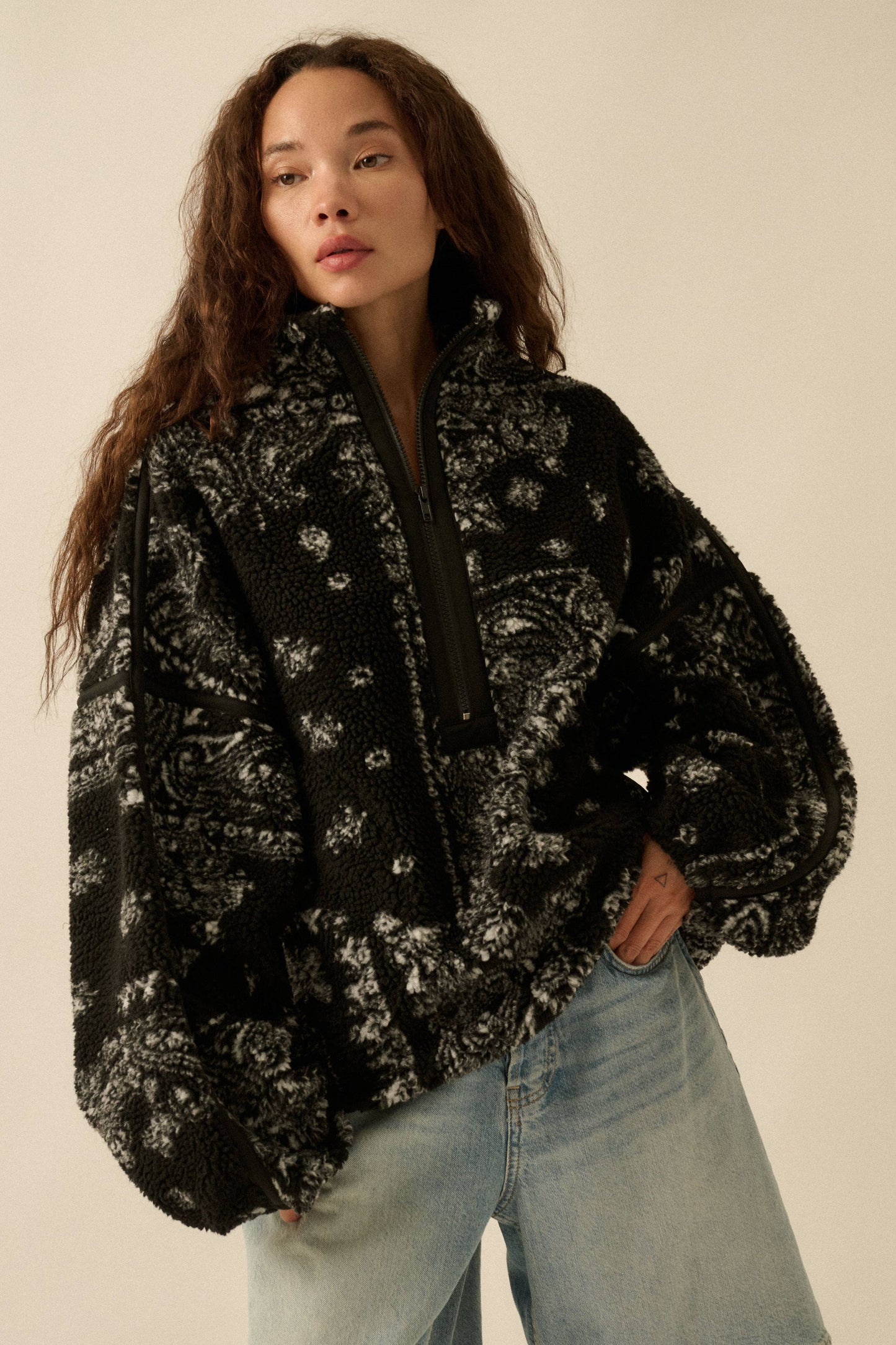 Floral Sherpa Fleece Half-Zip Pullover Jacket