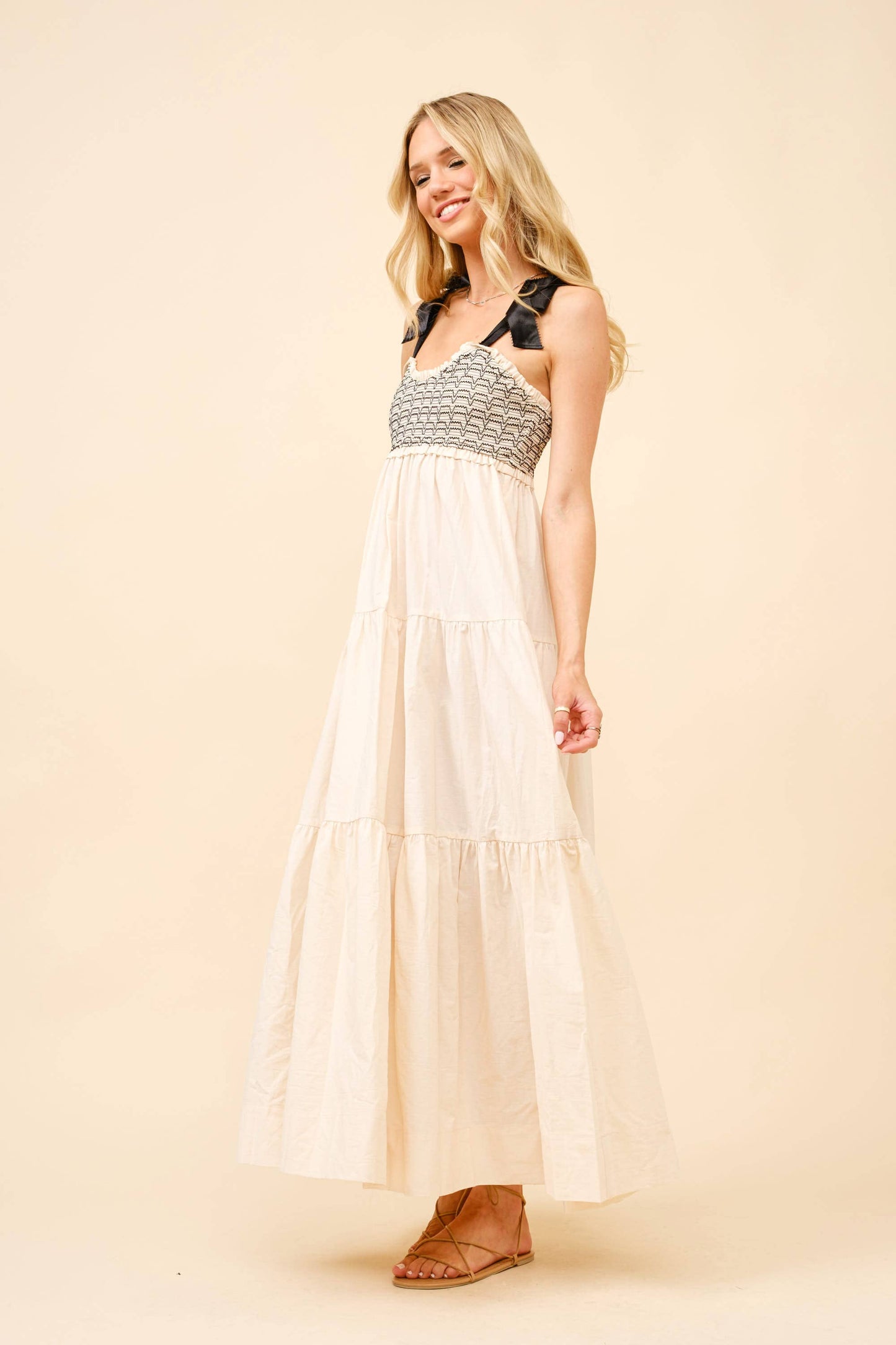 Smocked Ribbon Tie Maxi Dress