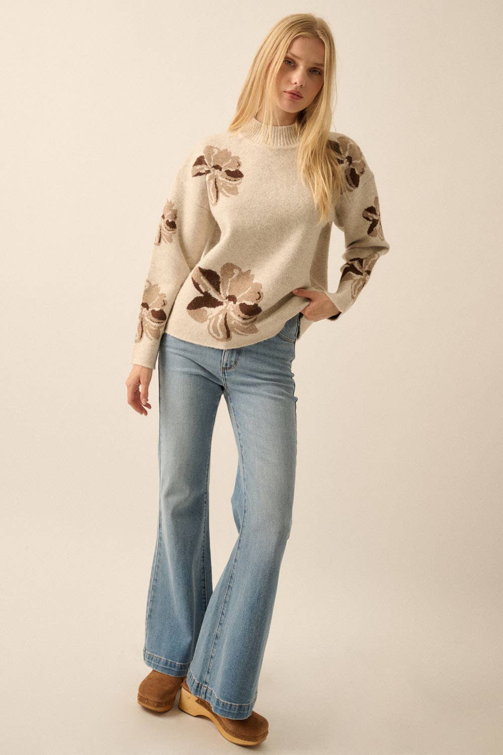 Floral-Pattern Knit Mock-Neck Sweater