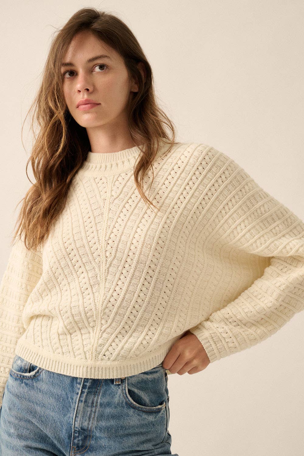 Solid Cable Knit Dolman-Sleeve Sweater