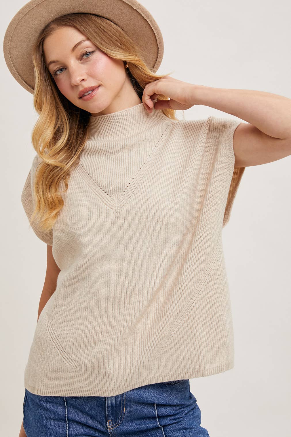 Mock Neck Short Sleeve Knit Sweater