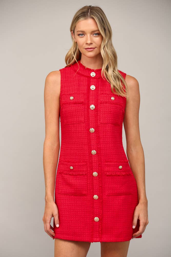 FRONT PATCH POCKET TWEED DRESS