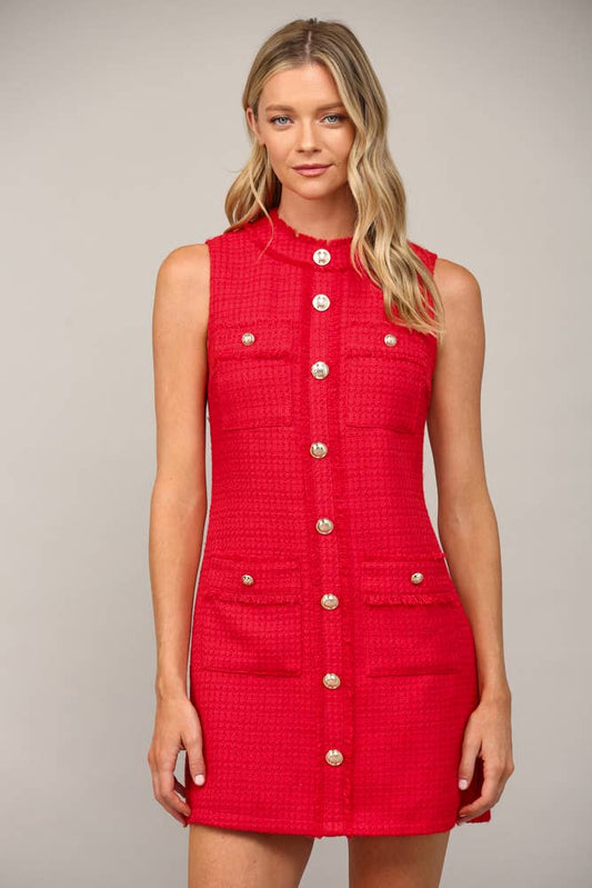FRONT PATCH POCKET TWEED DRESS