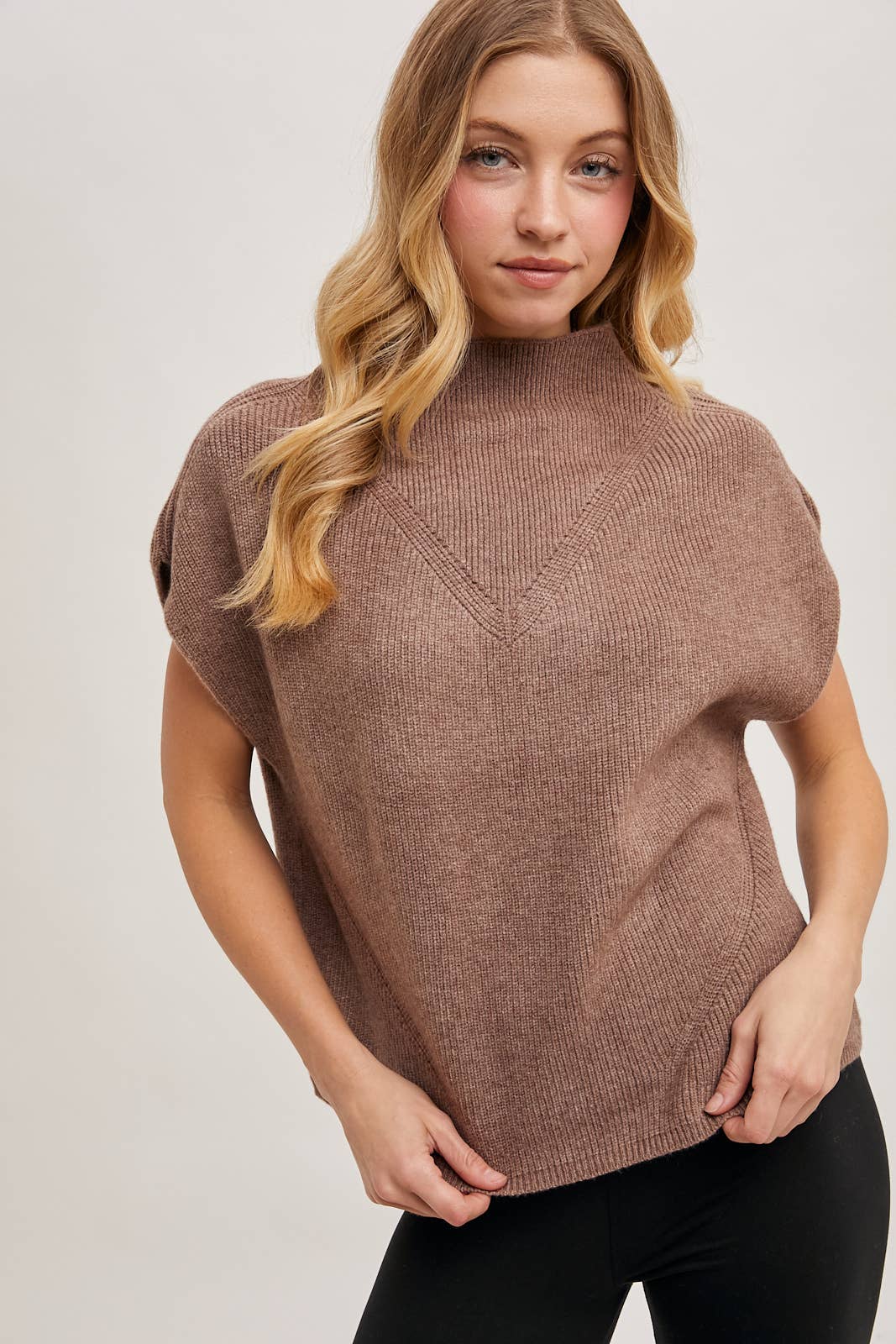 Mock Neck Short Sleeve Knit Sweater