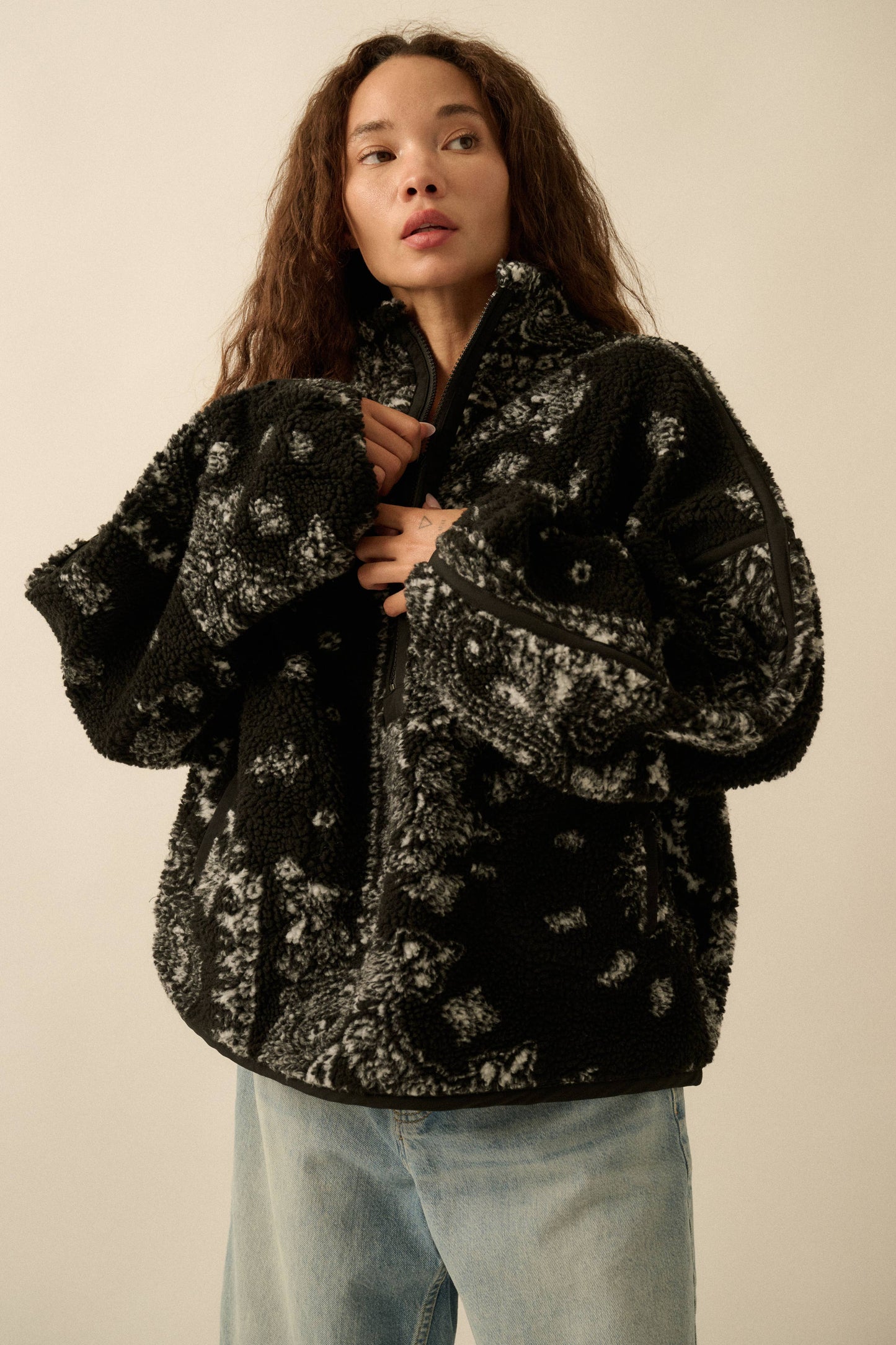 Floral Sherpa Fleece Half-Zip Pullover Jacket