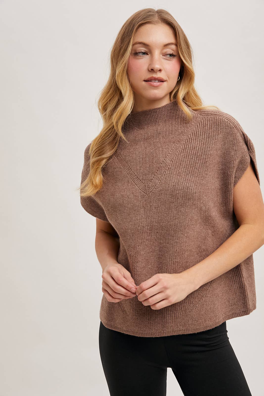 Mock Neck Short Sleeve Knit Sweater