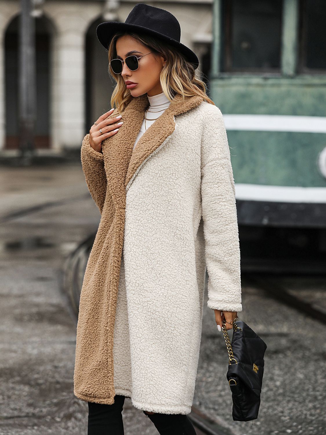 Contrast Dropped Shoulder Sherpa Coat