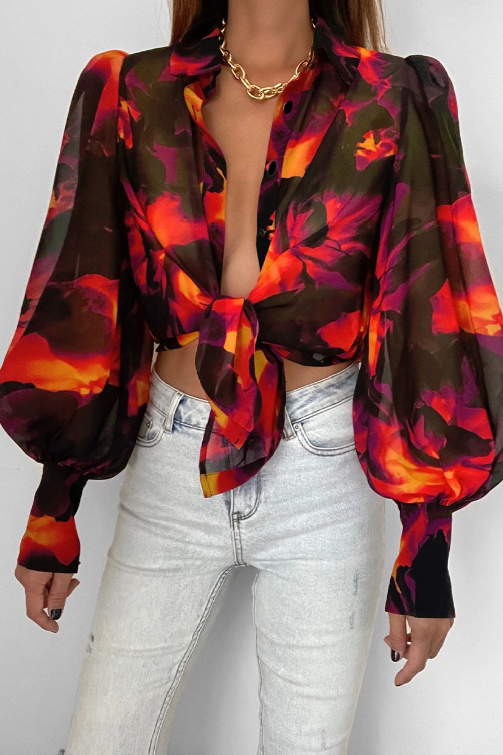 Flower Print Collared Neck Lantern Sleeve Shirt