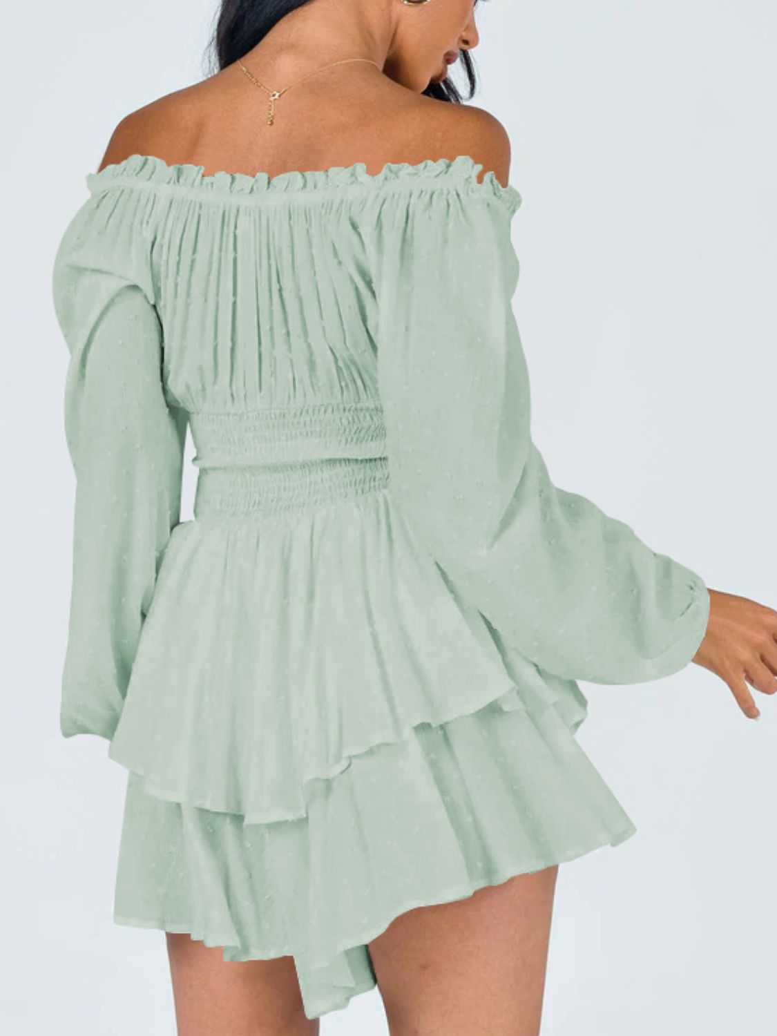 Off Shoulder Smocked Waist Mini Dress